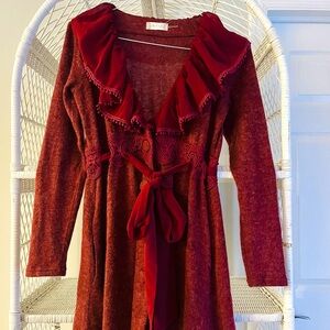 Altar’d State Burgundy Ruffle Collar Cardigan Style Dress